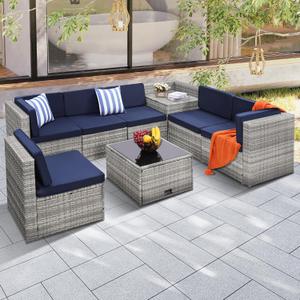 KROFEM 8 Piece Patio Furniture Set, Outdoor Modular Conversation Set
UV Treated Wickers, Machine Washable Cushions, Seats 6, 2 Storage Compartments, Rustproof Frame, Waterproof, Blue