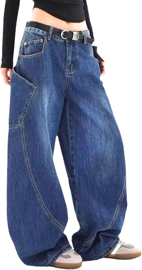 Baggy Jeans for Woman Men High Waisted Barrel Leg Jeans Casual Loose Denim Pants Streetwear Clothes (Medium, Blue1)