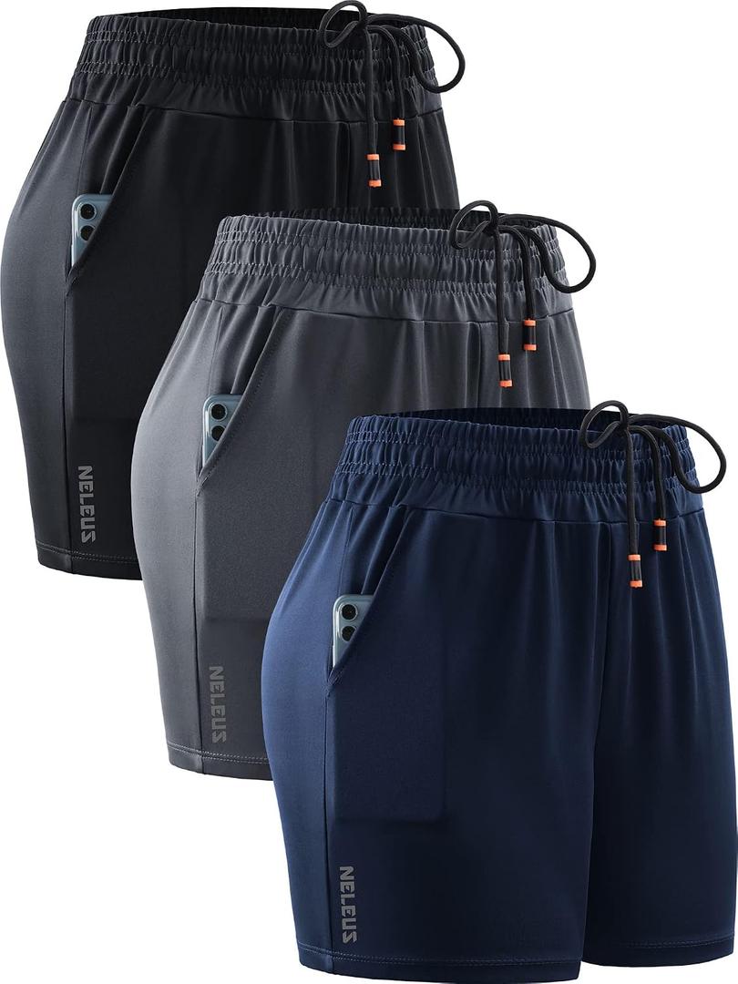 NELEUS Women's 4 Inches Running Shorts Workout Athletic Short for Yoga with Pocket,9066,Black/Grey/Navy Blue,3 Pack, X-Large