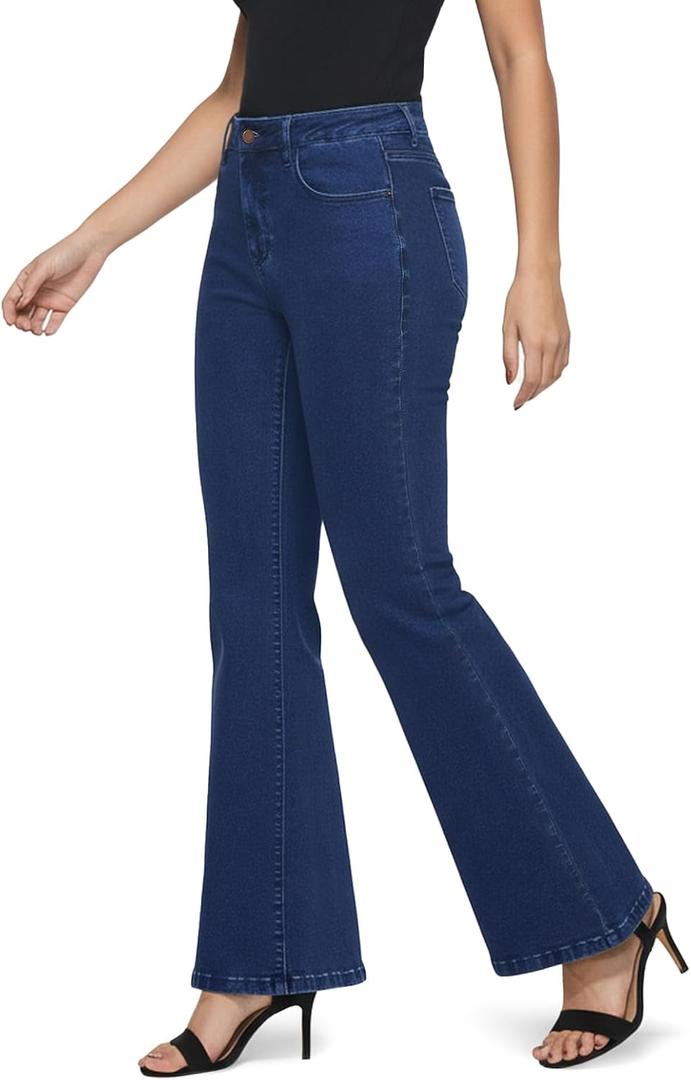 Flare Jeans for Women Trendy High Waisted Bell Bottom Jeans Stretchy Wide Leg Denim Pants with Pockets (Blue)