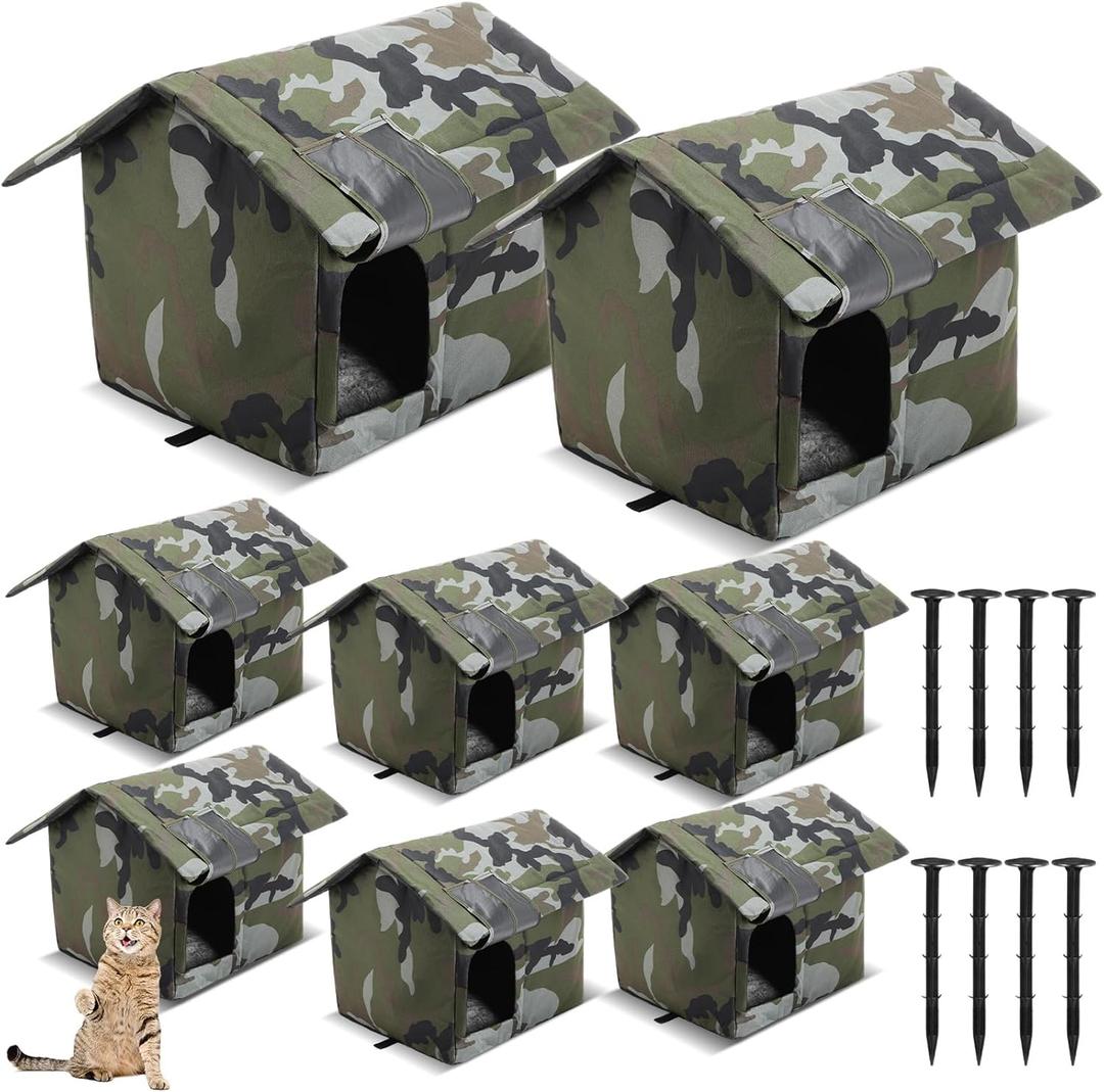 Weysat 8 Pieces Waterproof Stray Cats Shelter Warm Outdoor Cat House Foldable Pet Bed with Tent Stakes Winter Weatherproof Feral Cat Cave for Outside Stray Dog Kennel Wild Animal(Camouflage Color)