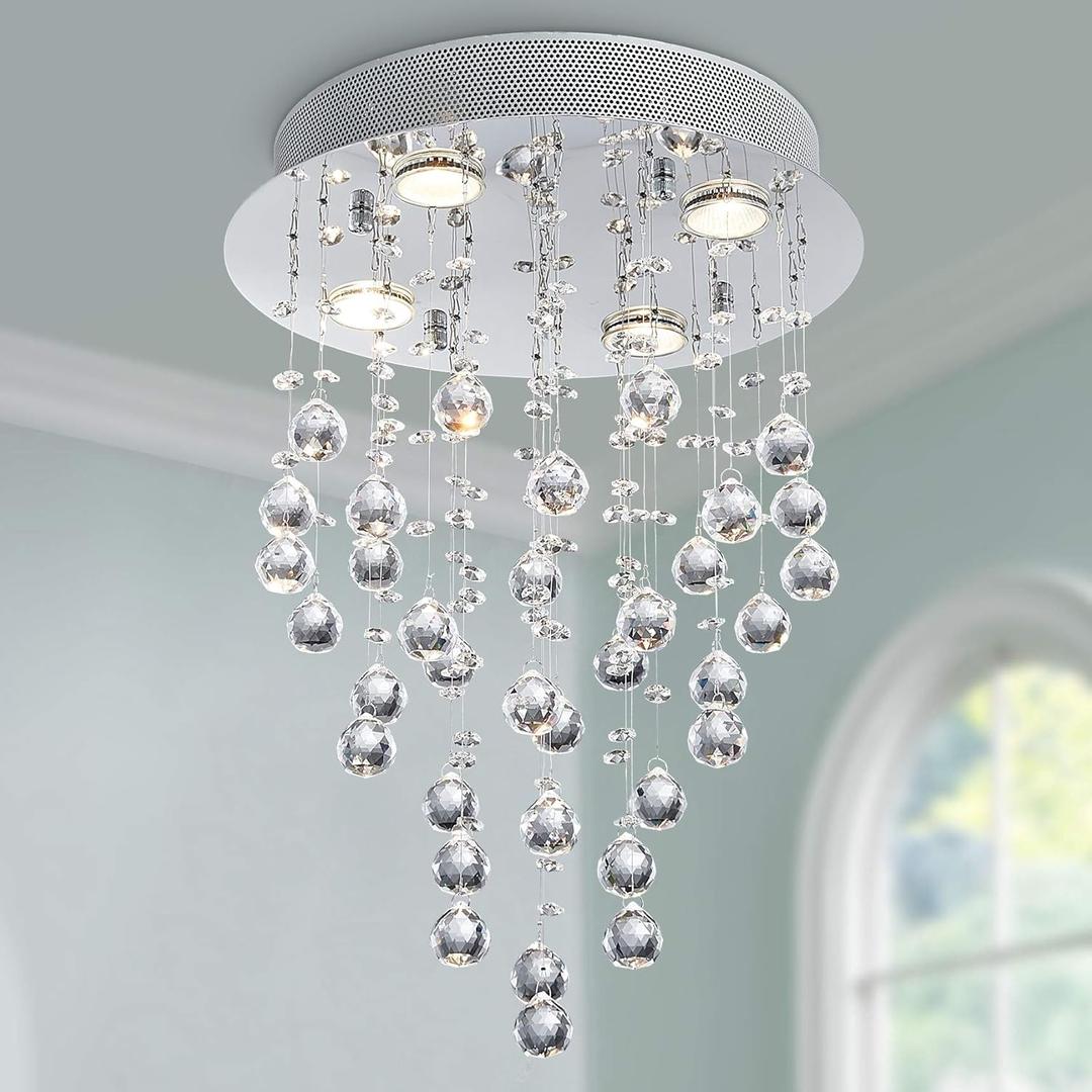 Bestier Modern Crystal Round Raindrop Chandelier Lighting Flush Mount LED Ceiling Light Fixture Pendant Lamp for Dining Room Bathroom Bedroom Livingroom 4 GU10 Bulbs Required 14 in Wide 20 inch High
