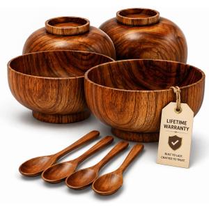 Wooden Bowl and Spoon Set of 4 - Japanese Style Natural Wood Soup Rice Salad Bowls with Spoons, Eco-Friendly Handcrafted Tableware, Housewarming Kitchen Gift