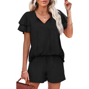 WIHOLL Summer Outfits for Women 2 Piece Short Sleeve V Neck Lounge Sets Casual (Medium, 1-black)
