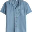 Boys Linen Shirts Button Down Short Sleeve Casual Summer Beach Shirt Cuban Collared Shirt with Pocket (6, Denim Blue)