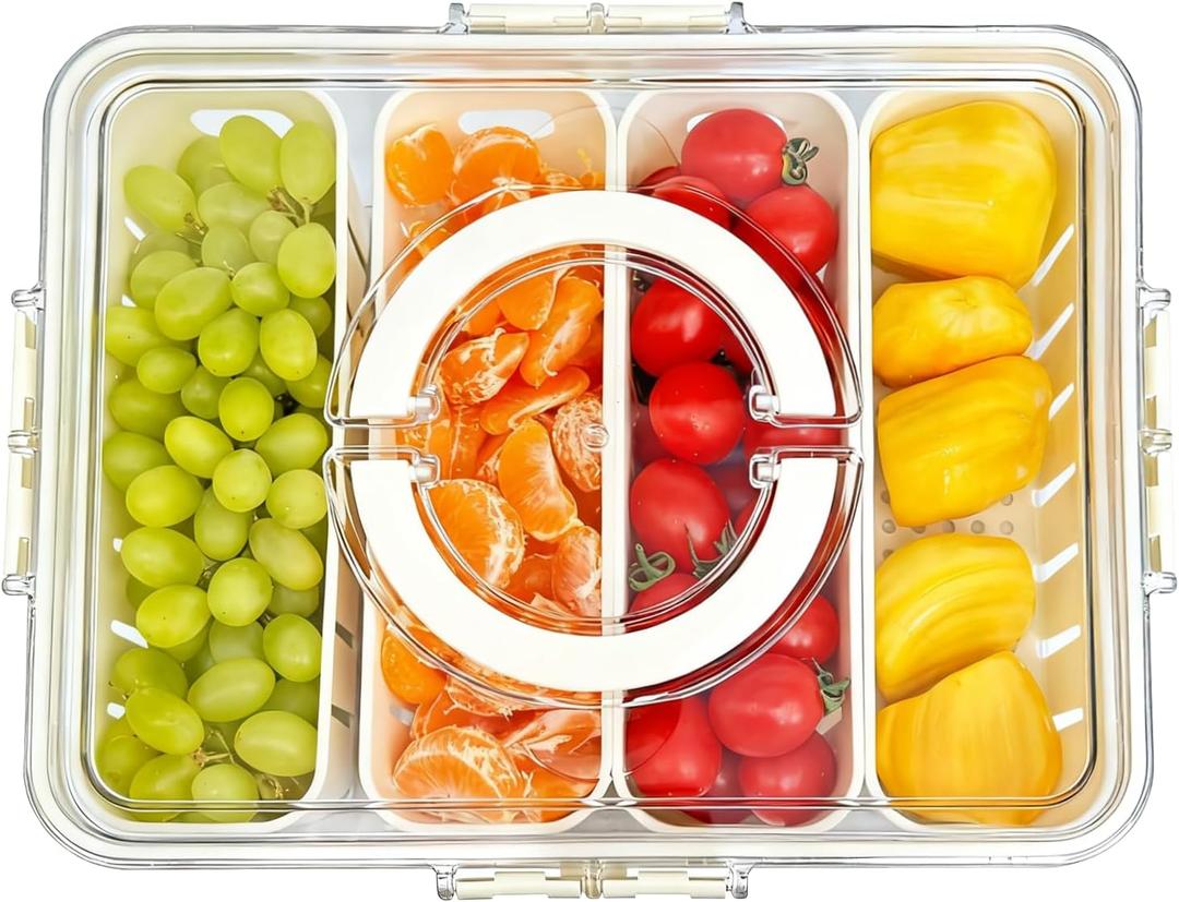 Snackle Box Container, Divided Serving Tray with Lid and Handle 4 Compartment, Portable Snack Platter for Veggie Fruit Candy Charcuterie, Clear Storage Organizer for Party Road Travel Picnic