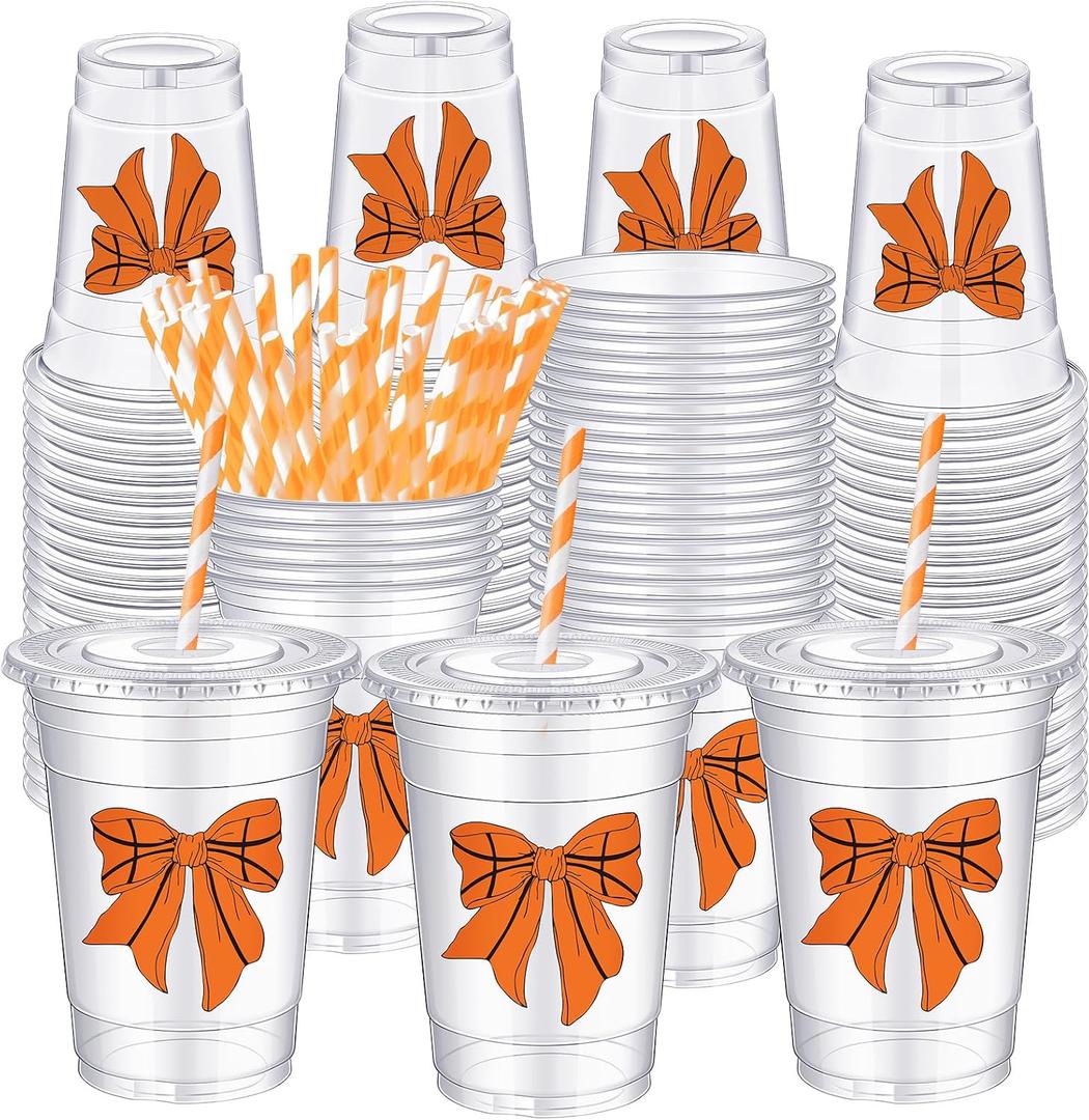Sliner 50 Pcs Basketball Coquette Party Supply 16 oz Basketball Bow Cups Plastic Disposable Cups with Lid and Straw Sports Lover Team Party Drinkware Senior Night Valentine Baby Shower Supplies