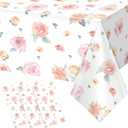 3 Pcs Spring Floral Tablecloth, Pink Wildflower Plastic Disposable Tablecloth Rectangle Table Covers for Easter, Birthday, Wedding, Baby Shower, Tea Party and Mothers Day Decorations,54 x 108 Inch