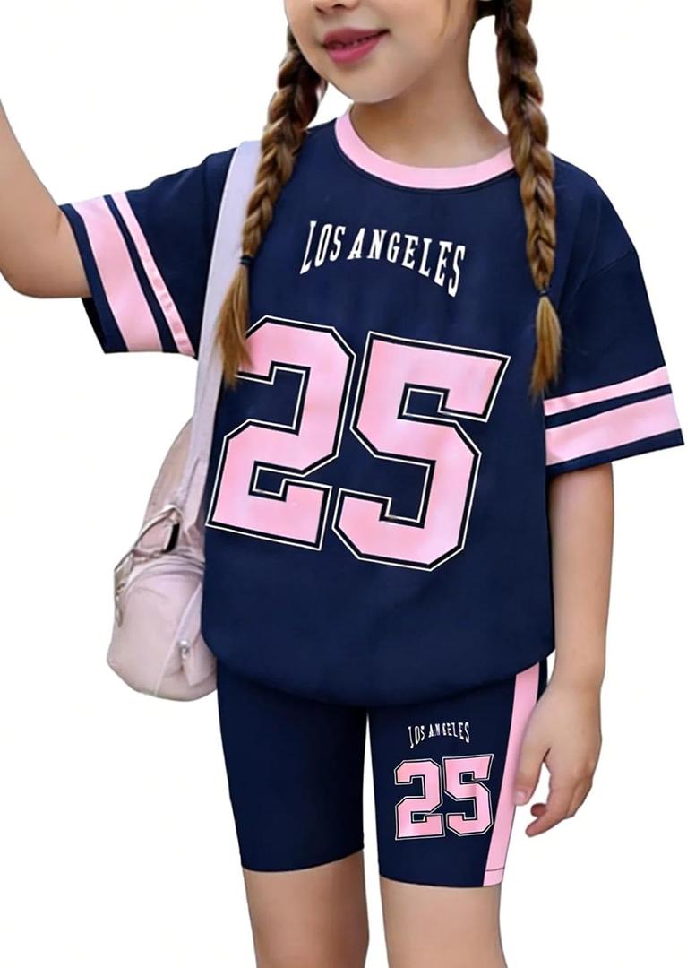 Girls 2 Piece Summer Outfits Graphic Letter Print Jersey Shirt and Biker Shorts Set Navy Blue Pink 11-12 Years (Blue)