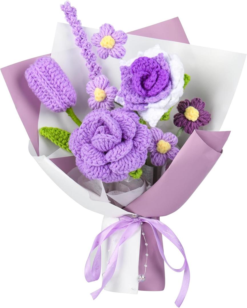 Crochet Flower Bouquet, Crochet Flowers Purple Tulip Rose Handmade Knitted Bouquet for Birthday Graduation Wedding Gift for Women Girlfriend Lover Wife Decor (Purple)