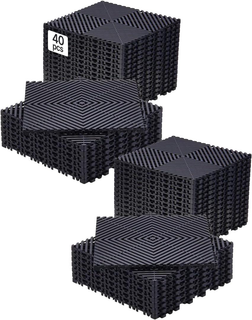VEVOR Interlocking Drainage Mat, 12” x 12” Modular Interlocking Cushion, 40 Pcs Splicing Drainage Mats, Non-Slip PP Drainage Floor Tile and Shower Mat, for Garage, Garden, Kitchen & Outdoor, Black