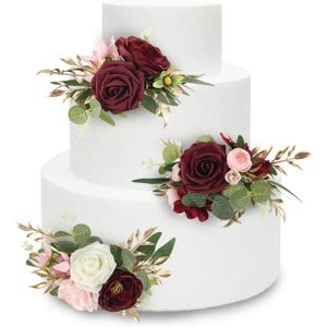 Rinlong Premade 3Pcs Cake Toppers Burgundy Flowers Cake Decorations Wedding Cake Decorating Flowers Decor Birthday Baby Shower Party Christening Christmas Cake Toppers