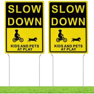 Kichwit Slow Down Kids and Pets at Play Yard Signs with Metal Stakes, 16 x 12 Inches/25.7 Inch High, 2 Pack Double Sided Children at Play Safety Signs for Street