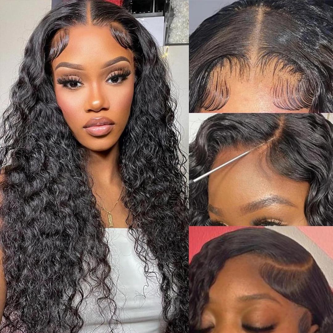 Deep Wave Lace Front Wig Hd Transparent Lace Closure Wigs Curly Human Hair for Black Women Pre Plucked with Baby Hair Pineapple Wave Wig Brazilian Virgin Hair Glueless Natural Color 16 Inch