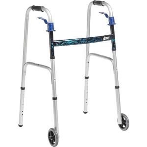 Drive Medical Trigger Release Folding Walker - Lightweight Brushed Steel Design - Easy Trigger Folding Mechanism - 5 Inch Wheels - Contoured Hand Grips - Senior Mobility Aid (1 Count (Pack of 1))