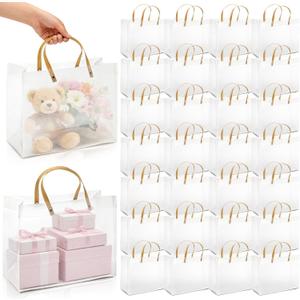 Cididu 30 Pcs Clear Plastic Gift Bags with Handles, 12.5x5.5x9.8 inch Large Tote Bag with Cardboard Bottom, Reusable Shoppping Bags for Mother's Day, Wedding, Party, Baby Shower, Boutique Packaging