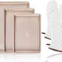 HONGBAKE 3 Pack Gold Nonstick Baking Sheet Pan Set with Oven Mitts Heat Resistant, Non-Toxic Half/Quarter/Jelly Roll Pans with Diamond Texture Pattern, Heavy Duty 0.8mm Thick Cookie Trays for Cooking (Champagne Gold (Carbon Steel) + Mitts)