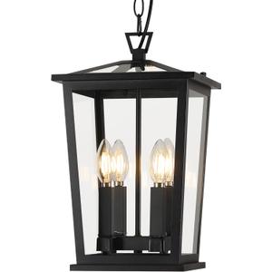 Outdoor Pendant Lights for Porch, 16" 4-Light Large Outdoor Chandelier with Clear Glass, Black Modern Exterior Hanging Porch Light with Long Chain for Gazebo Foyer, OS-OD2601-4HL