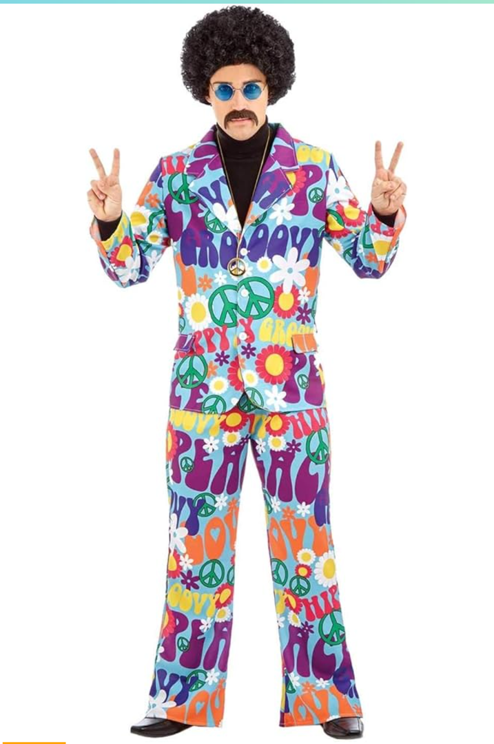 fun shack Groovy Mens Hippie Costume, Retro Mens Hippie Costumes for Adults, Groovy Costumes for Men, 60s Suit Men, XL