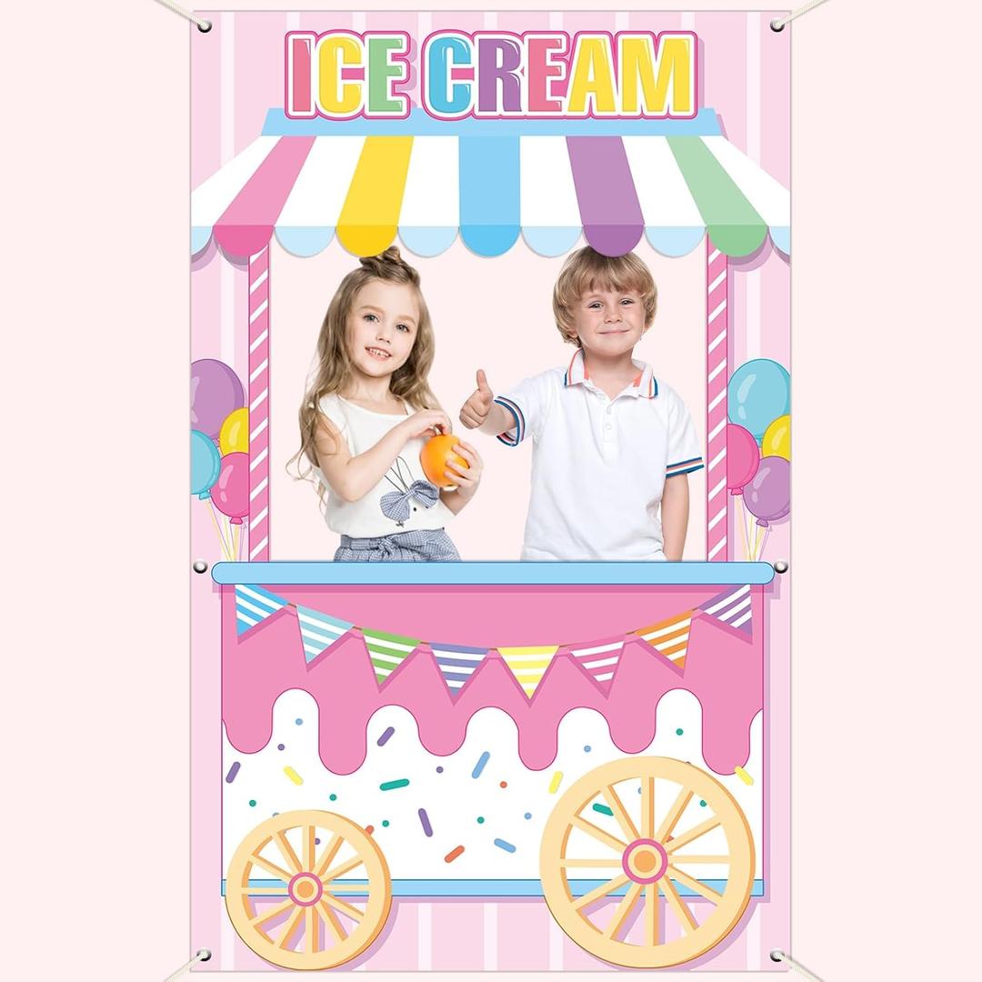 Ice Cream Shoppe Photo Prop Backdrop for Girl's Ice Cream Birthday Party Decorations Fabric Sweet Backdrop Background Banner Birthday Party Supplies Favors 62.9 x 39.3 Inch
