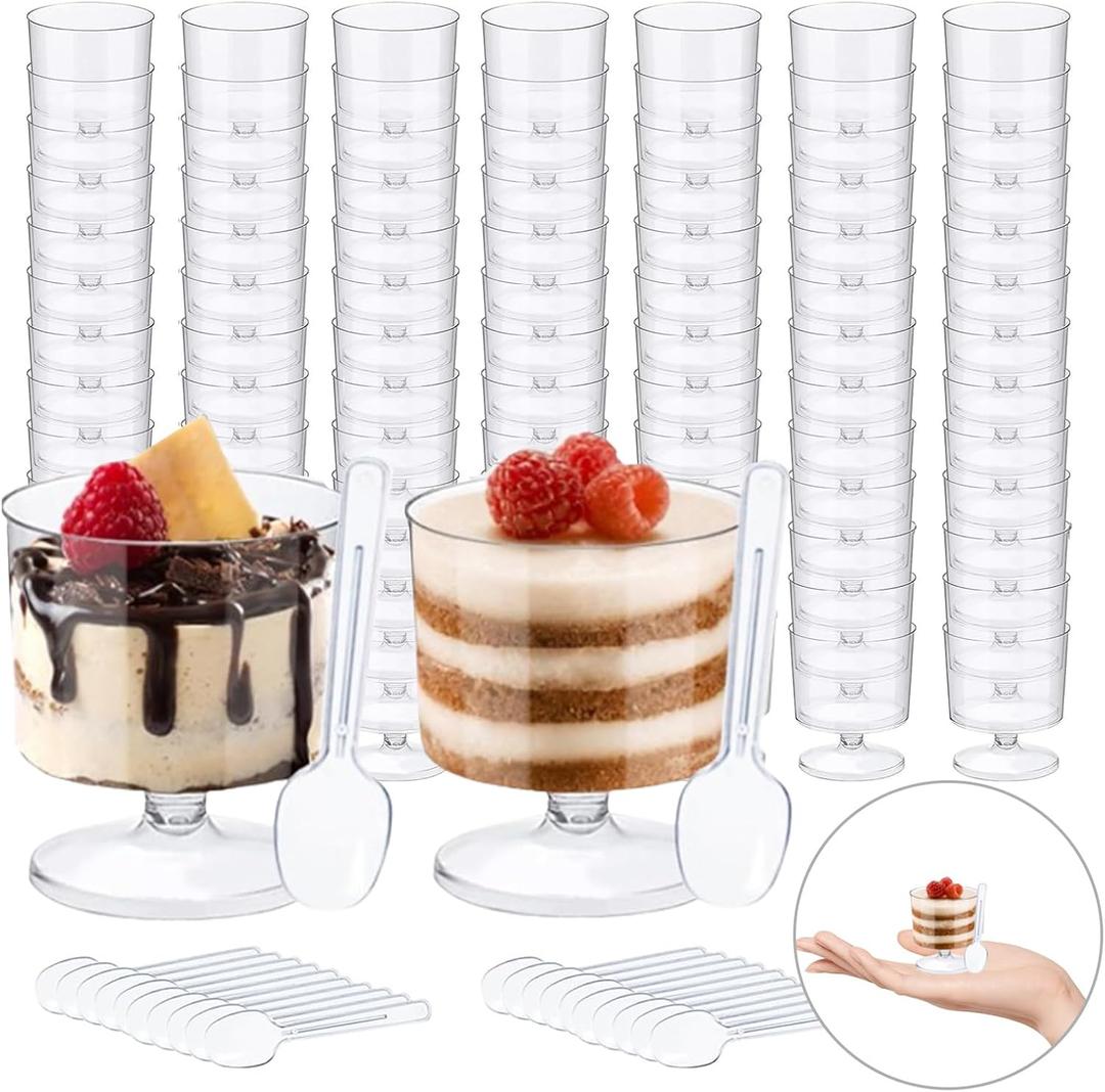 100 Pack Clear Plastic Dessert Cups with Spoons 2 oz Mousse Cup Parfait Cups Clear Dessert Cups, Disposable Appetizer Cup,Dessert Shooter Cups for Home Party Wedding Drinking Dessert Ice Cream