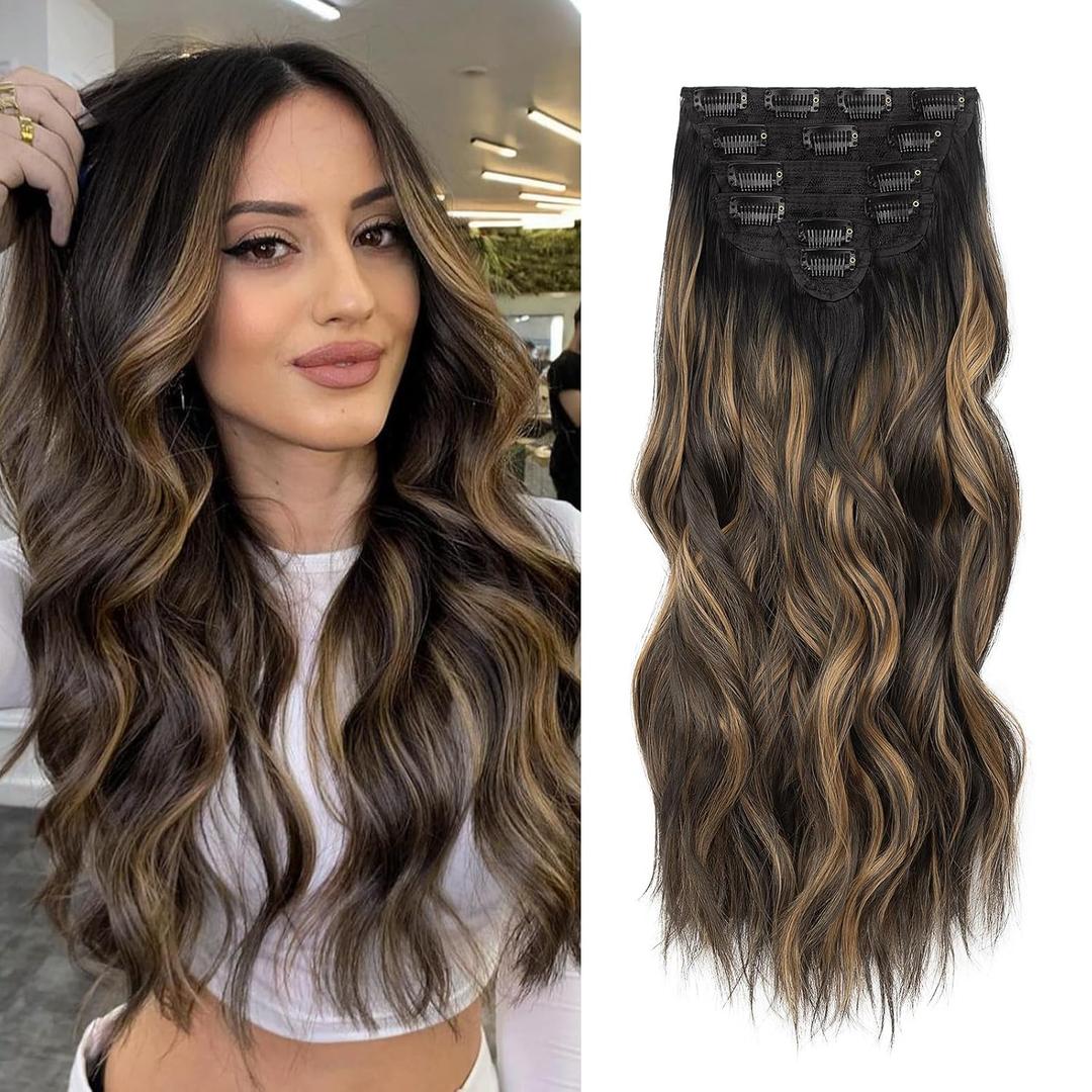 Synthetic Clip in Hair Extensions, 6PCS Natural &Soft Hair& Blends Well Lonng Wavy Hairpieces(20inch,6pcs, Black with Brown Highlights)