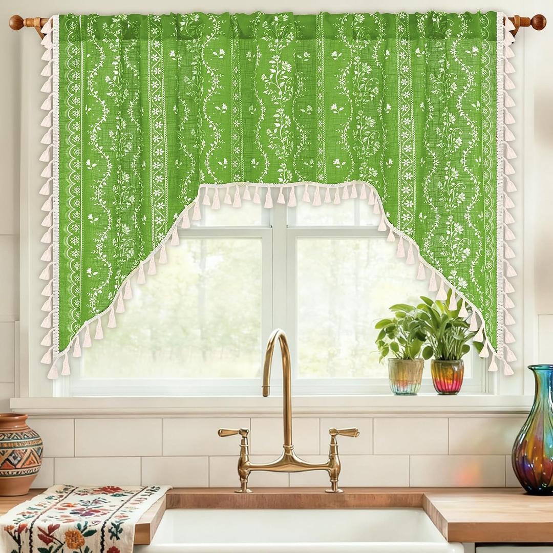 Yinhua Boho Swag Valance Curtains Vintage Linen Valances for Windows Light Filtering Floral Kitchen Valance Rod Pocket Farmhouse Rustic Tassel Window Valances for Bathroom Cafe, 60" W x 36" L, Green