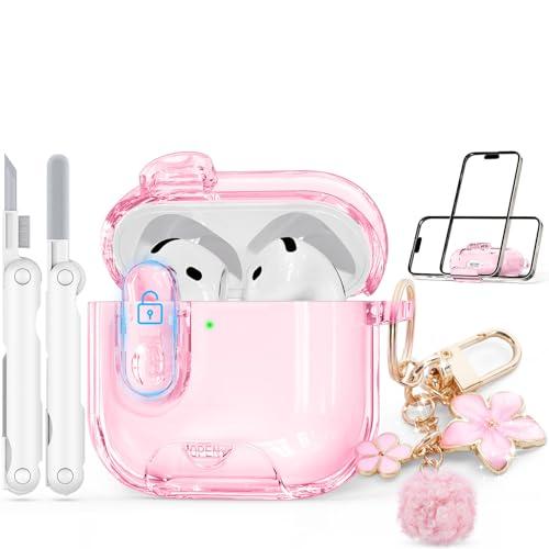 Skyconser with Safety Lock for Apple AirPods 4 Case 2024,Clear Cases with Phone Stand & Cleaning Kit,Soft TPU Cover for AirPods 4th Generation Case,Cute Bling Keychain for Women Girls-Clear Pink