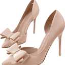 Womens Bow Heels Closed Pointed Toe Dress Shoes Stiletto Slip on Wedding Pumps (10, Nude)