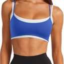 LASLULU Womens Double Layered Sports Bra Adjustable Spaghetti Straps Sexy Scoop Neck Wireless Padded Workout Yoga Crop Tops (Small,  Blue)