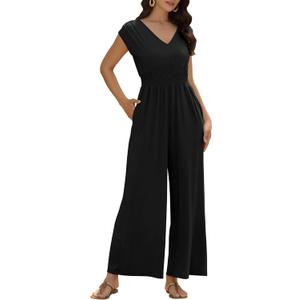 ZAFUL Womens Summer Jumpsuits 2025 V Neck Smocked Waist Dressy Casual One Piece Outfits with Pockets (XX-Large, Black)
