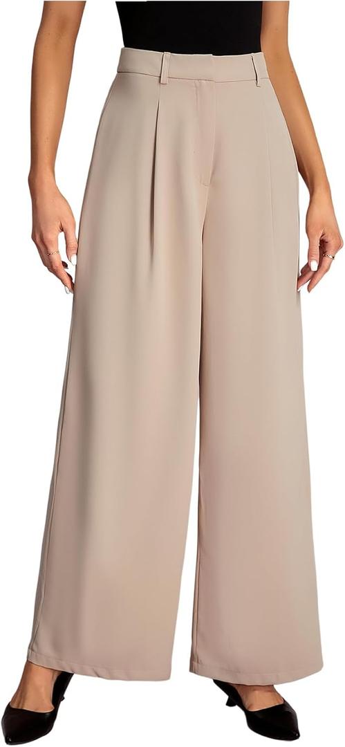 Women's Wide Leg Flowy Dress Pants High Waisted Loose Fit Work Office Trousers (Beige, L)
