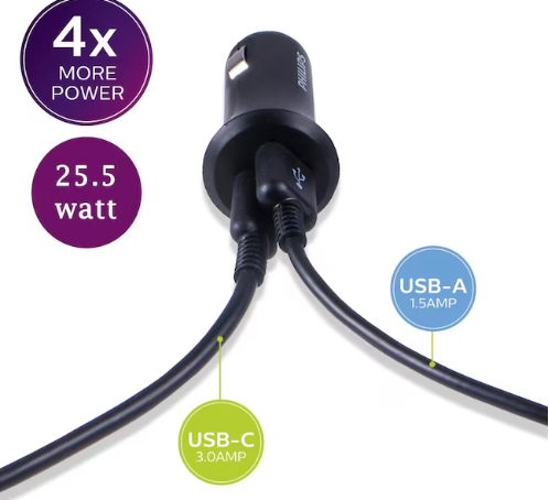 Phillips Dual USB Car Charger With USB A/USB C Charge Cable