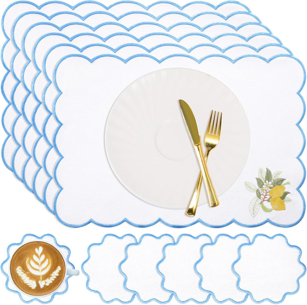 Set of 12 Lemon Cotton Linen Placemats Coaster, 12 x 17 Heat Resistant Embroidery Scalloped Placemats, 4" Summer Kitchen Coaster Double Layered Rustic Dinner Table Decoration(White and Blue)
