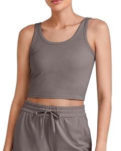 G4Free Workout Tanks for Women Running Crop Tank Cami Low Back Ribbed Slim Gym Sleeveless Shirts Pilates Yoga Casual (Taupe, L)