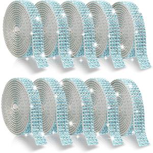 Self Adhesive Rhinestone Ribbon - 10 Rolls 10 Yard Rhinestone Strip - Glitter Bling Crystal Diamond Ribbon for DIY Decor, Shoes, Wedding, Party, Crafts - 4 Rhinestones/Row, Lake Blue