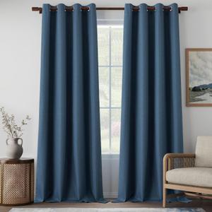 Denim Blue Full Blackout Linen Curtains 95 Inches Long for Living Room, Farmhouse Lightweight Completely Blackout Long Curtains for Boys Room Bedroom, Denim Blue, W52 x L95, 2 Panels