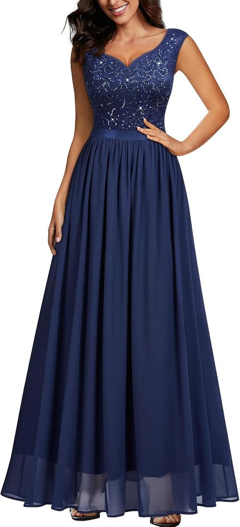 Miusol Women's Sexy Deep V-Neck Sequin Lace Double Sleeveless Evening Party Maxi Dress (Blue, XXL)