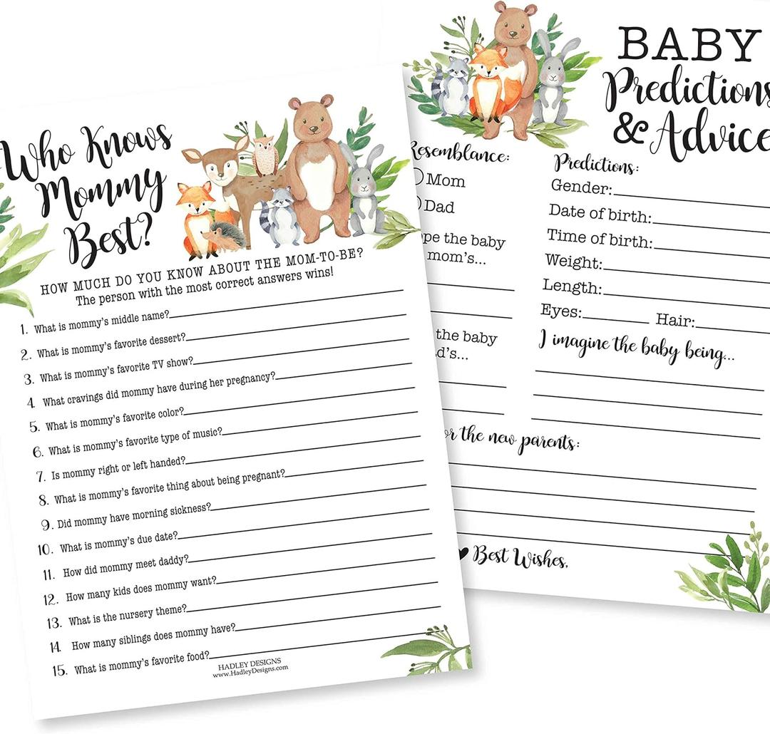 Hadley Designs Baby Shower Games for 25 Guests - Woodland Baby Predictions & Advice Cards for New Parents, Who Knows Mommy Best, Babyshower Game Girl Boy Gender Neutral, Gender Reveal Games