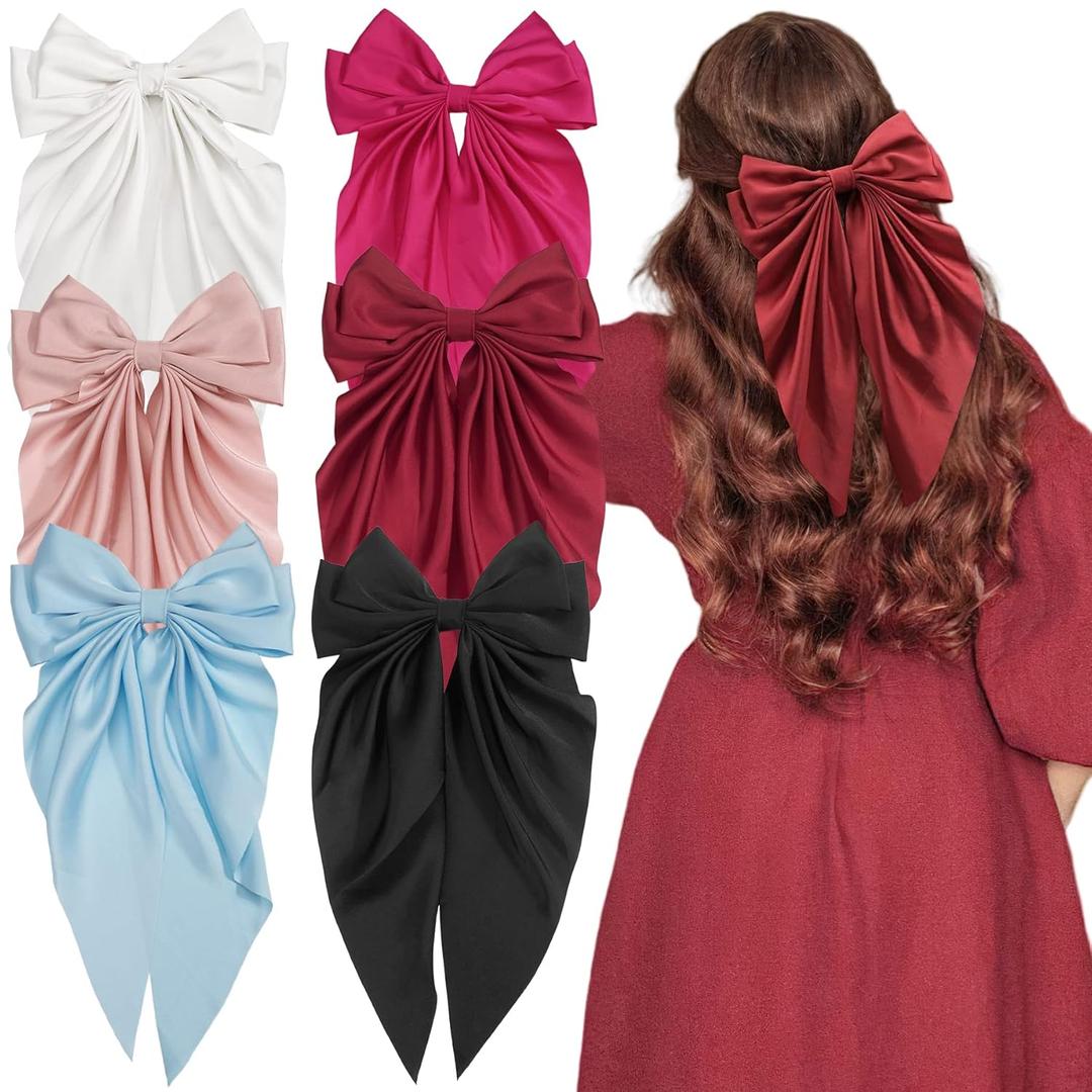 6 Pack Silky Satin Hair Barrettes Clip for Women, Large Hair Bow Clips for Women Girl Handmade Big Bows Hair Accessories for Women Girl