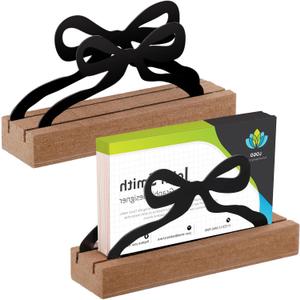 2 Pcs Bow Business Card Holders for Desk Wood&metal Black Cute Bow Aesthetic Business Card Display Stands for Women Office Home Desktop Tabletop