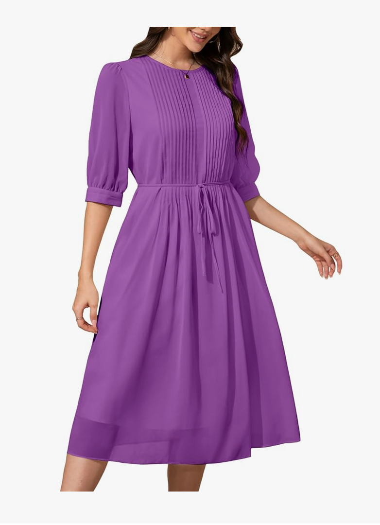 Wldrsd Solid Color Relaxed Dresses 2025 Women's Casual 3/4 Sleeve Crew Neck Flowy Swing A Line Dresses with Pockets, Size medium, color purple , medium