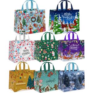AURUZA 8PCS Christmas Gift Bags with Handles - Assorted Colors & Patterns, Reusable Non-Woven Tote Bags for Holiday Gift Wrapping & Party Supplies