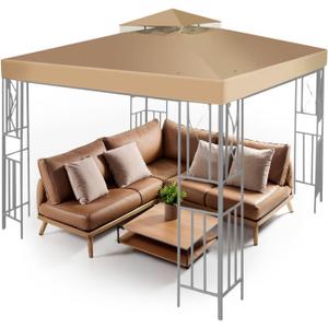 Flexzion 12' x 12' Gazebo Canopy Top Replacement Cover (Beige) - Dual Tier Up Tent Accessory with Plain Edge Polyester UV30 Protection Water Resistant for Outdoor Patio Backyard Garden Lawn Sun Shade