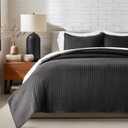 EVERGRACEHOME Cotton Sateen Quilt Set King Size, Pre-Washed Cotton Channel Stitch Coverlet Bedspread, 3 Pieces Lightweight Soft Bedding Sets for All Season, with 2 Pillow Shams, Washed Black (King/Cal King (108" x 96"))