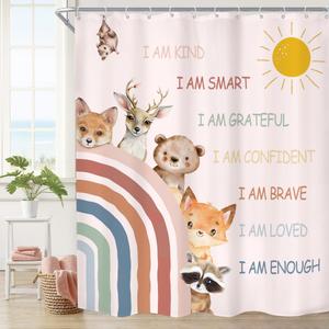 Kids Boho Rainbow Animal Shower Curtain 72Wx78H Inches Cute Inspirational Quotes Safari Woodland Sun Colorful Children Cartoon Sun Fabric Waterproof Polyester with 12 Pack Hooks Plastic