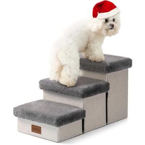 Dog Stair for Small Dogs with Storage, Foldable Pet Step with Soft Cover, Older Cat Ramp for Chair Couch Sofa, Lightweight, Durable, Comfort, 24.8x13x13.6 inch, 3 Tiers, Grey