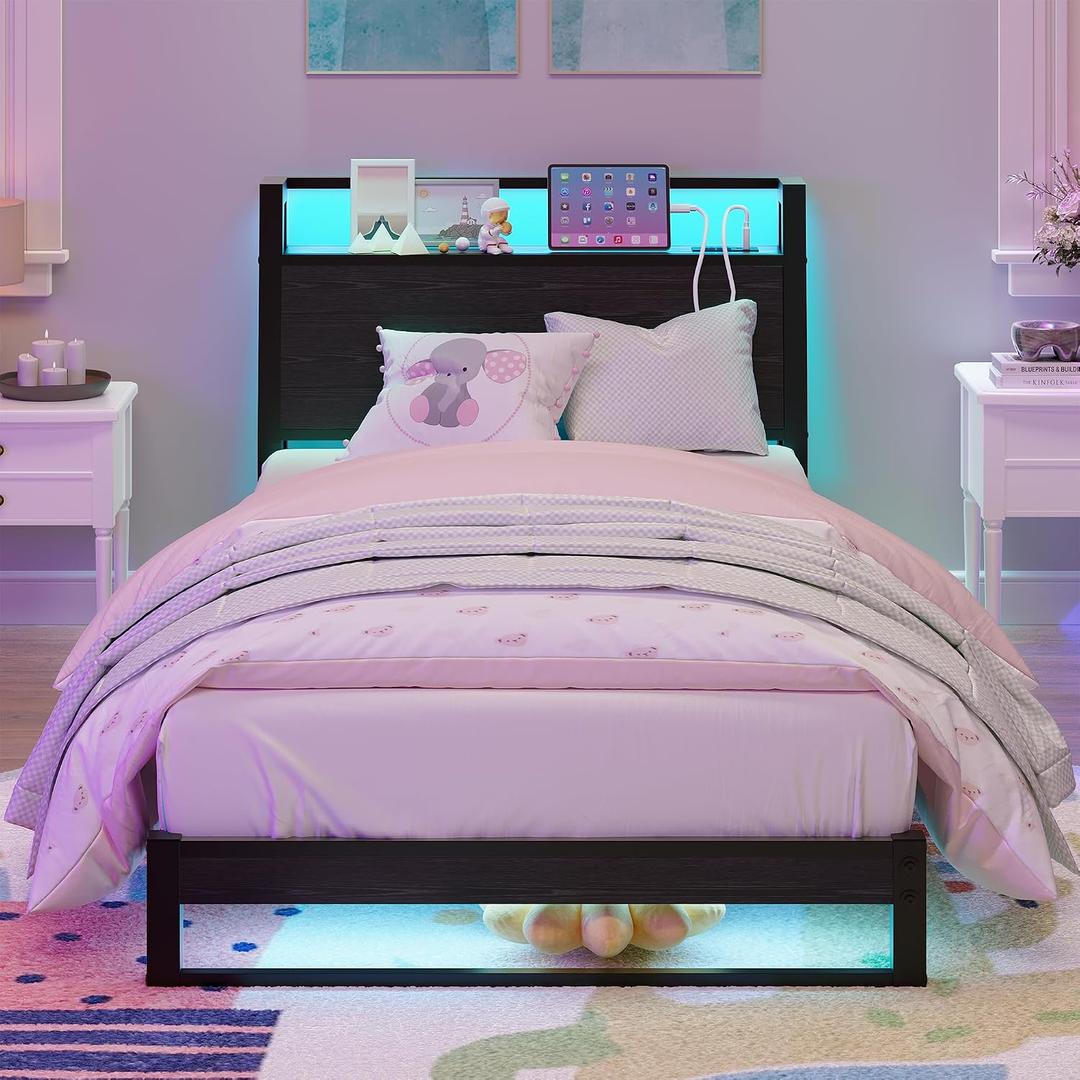 Twin Size Bed Frame with Ergonomic Storage Headboard,Low Platform Bed Frame Twin with Charging Station and LED,Heavy Duty Metal Base Floor Bed,No Box Spring Needed,Easy Assembly,Black