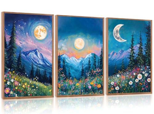 CHDITB Moon Above the Wildflowers Woodland Framed Canvas Wall Art (16"x24")，3 Pcs Abstract Midnight Landscape Nature Artwork Painting, Large Mystical Enchanted Pine Tree Forest Wall Decor for Bedroom Living Room Office