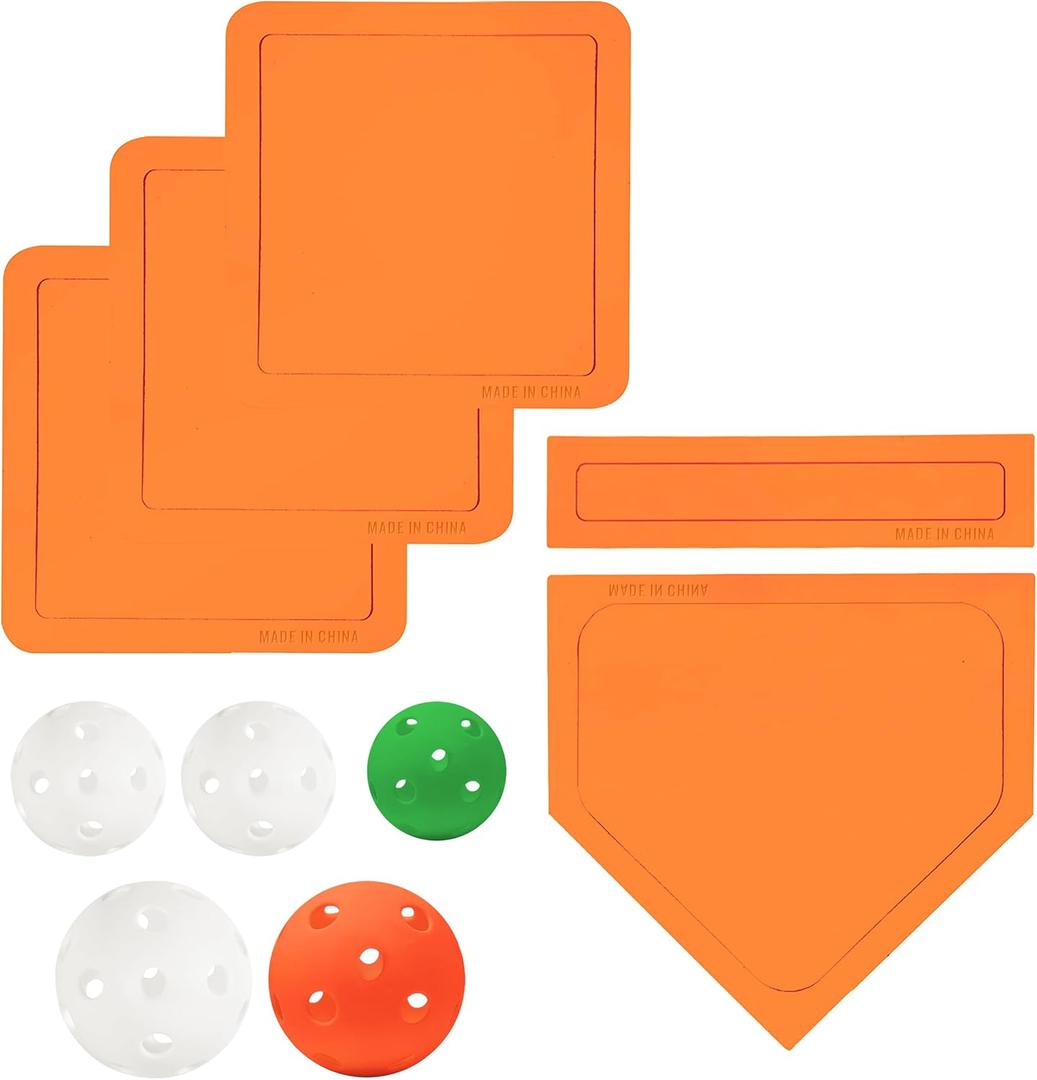 Baseball & Softball 5 Piece Base Set + 5 Piece Plastic Training Balls - Improve Power and Agility - Baseballs Accessories Fun for All Ages (Orange-4)